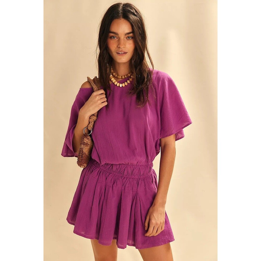 Free People Free-Est Sutton Mini Dress Flutter Sleeve Smocked Boat Neck S 285147